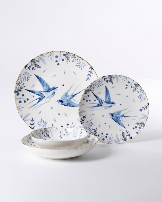 Hermia Juego de Vajilla de Porcelana de 24 Piezas Blanco, Azul y Negro